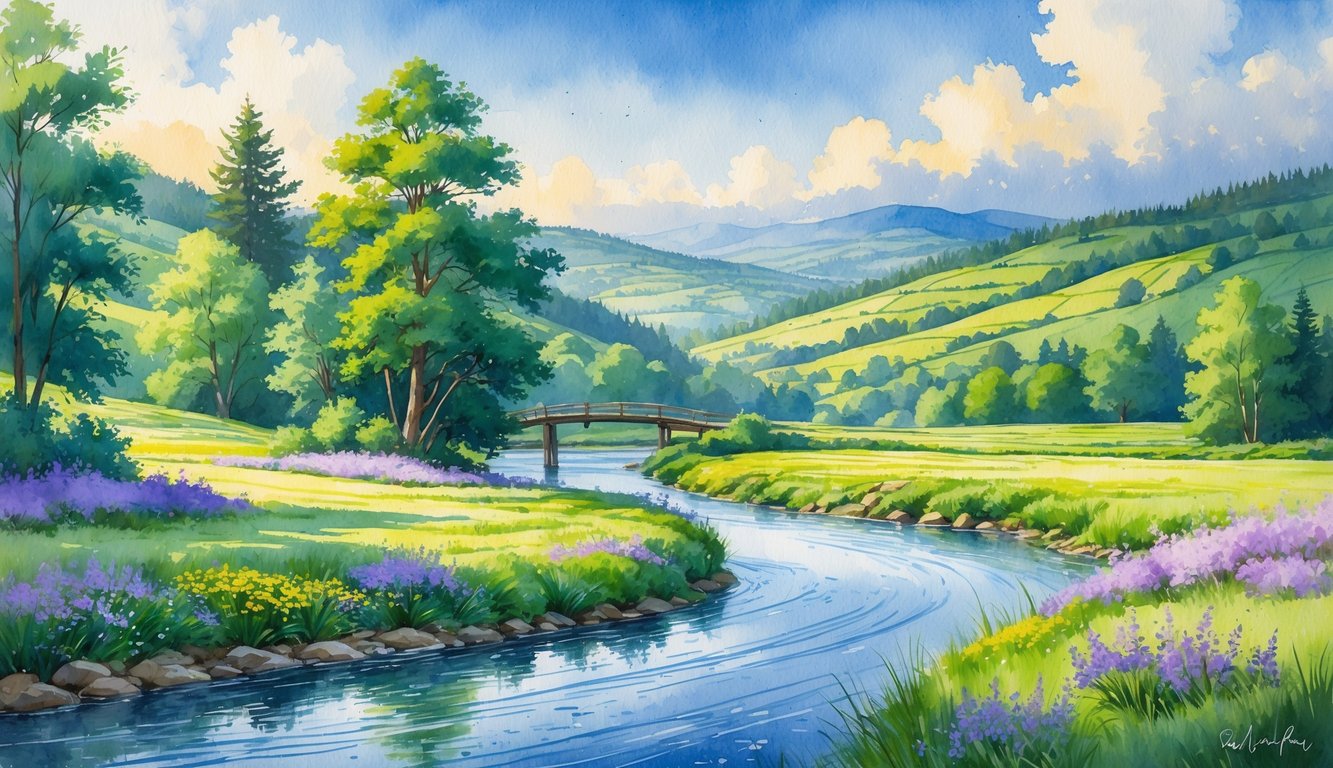 A peaceful river winding through green hills and trees with a wooden bridge and mountains in the distance under a partly cloudy sky.