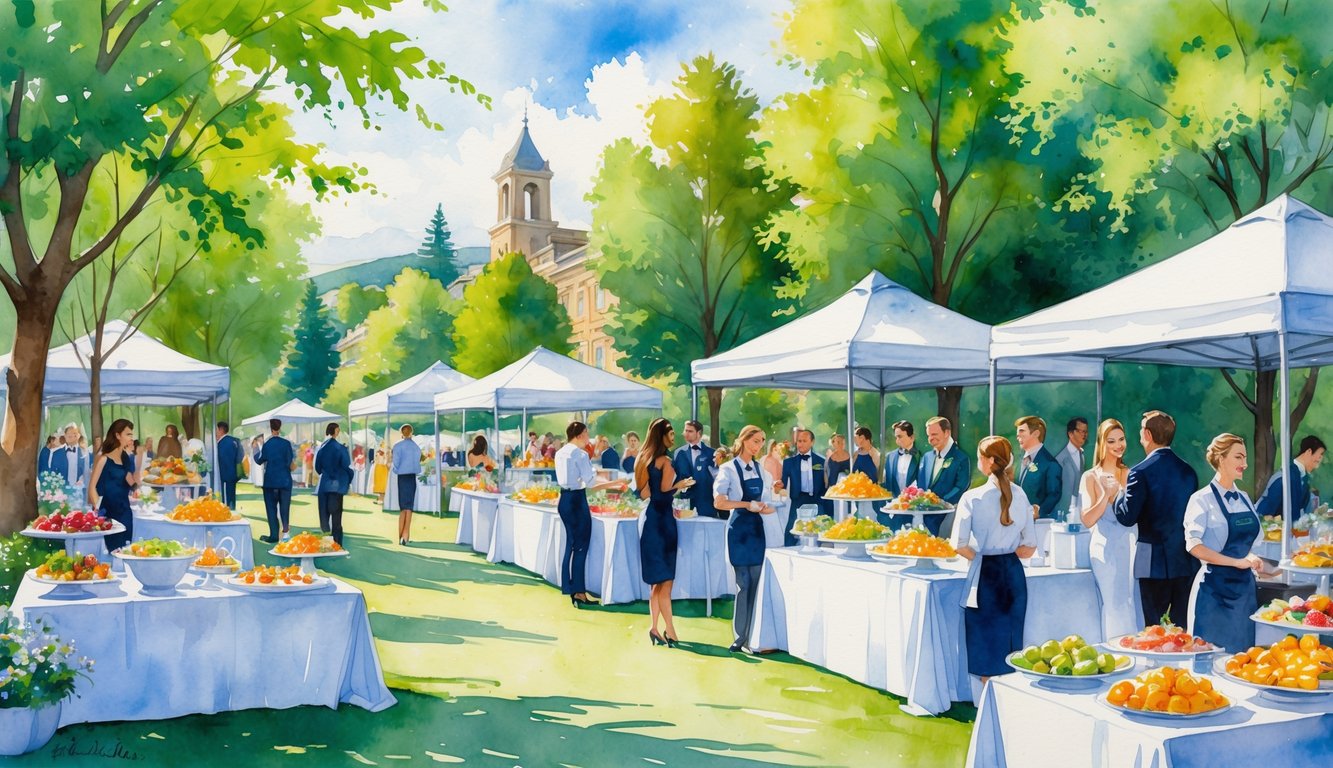An outdoor catering event in a park with people enjoying food at tables surrounded by trees and hills.