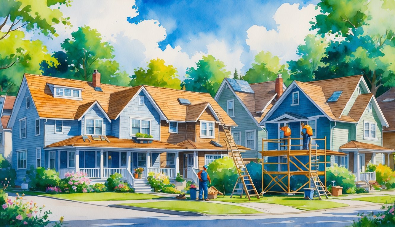 A neighborhood with houses and roofing workers repairing roofs surrounded by trees and flowers under a clear sky.
