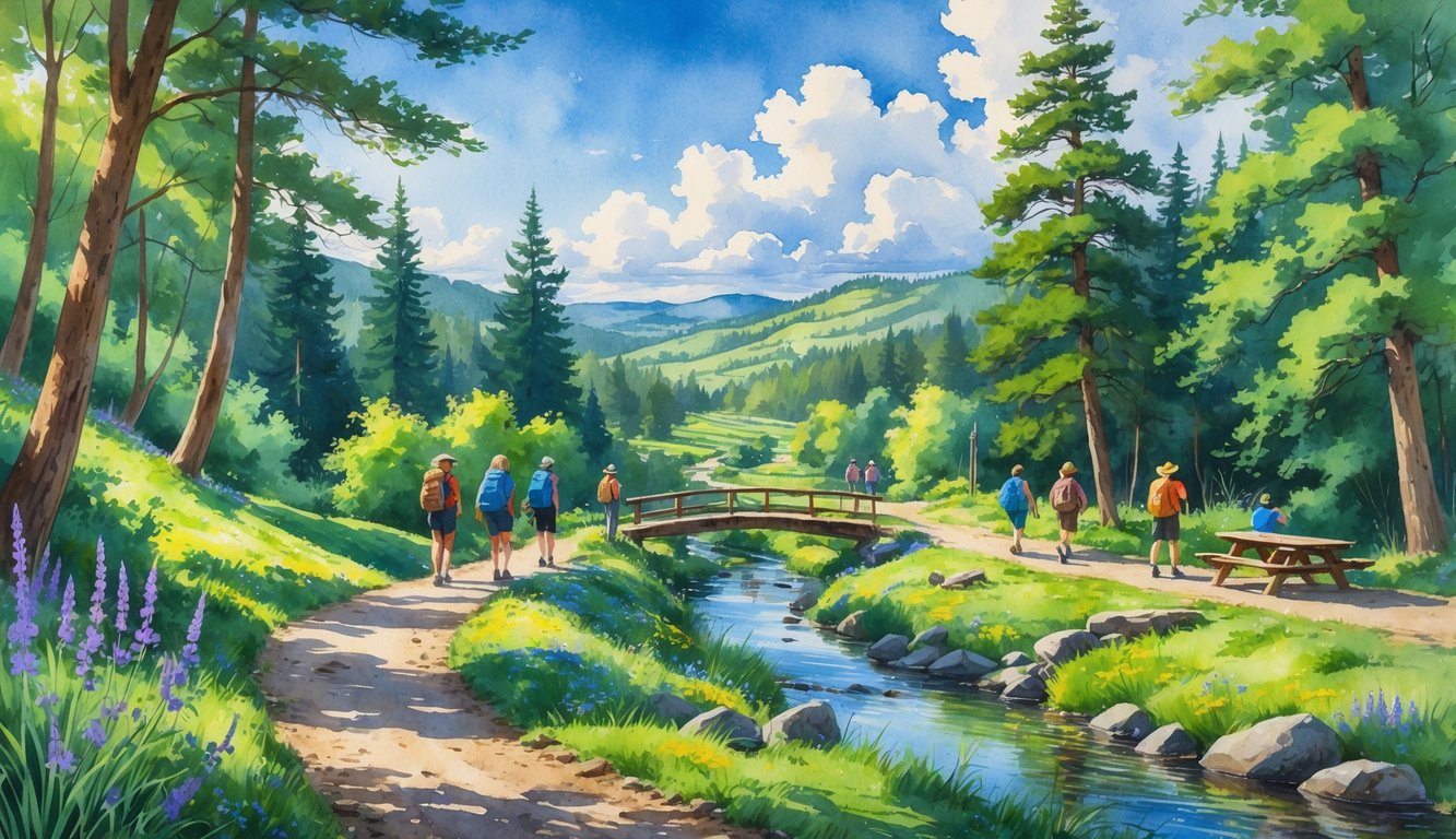 A scenic outdoor trail with hikers walking through green forests near a small creek, surrounded by wildflowers, hills, and mountains under a blue sky.