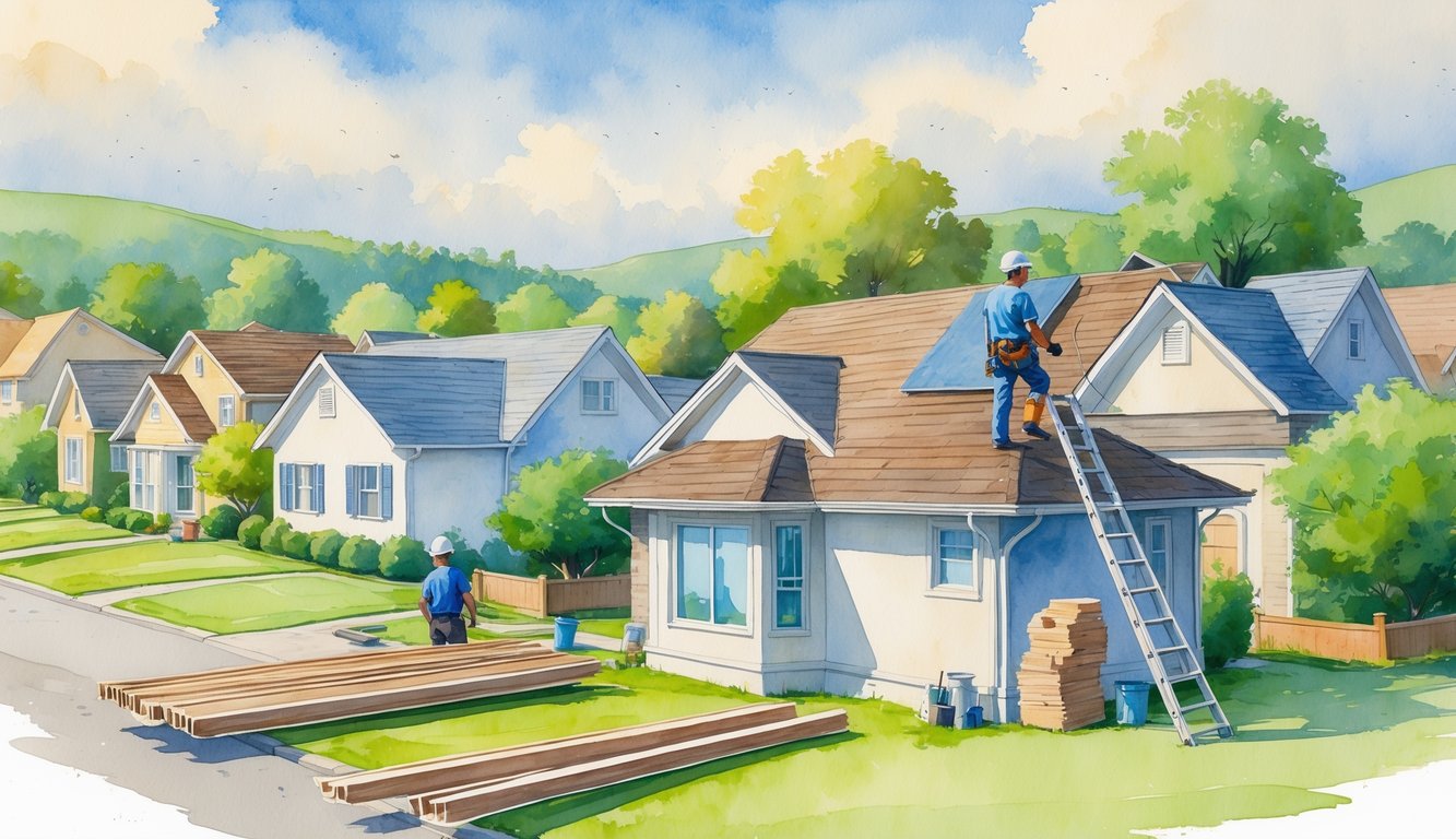 A roofer inspecting a house roof in a peaceful neighborhood with trees and hills in the background.