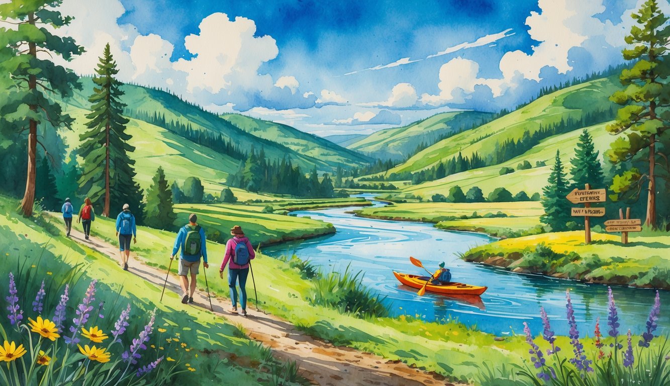 A scenic landscape showing people hiking, picnicking, and kayaking near a river surrounded by green hills and trees.