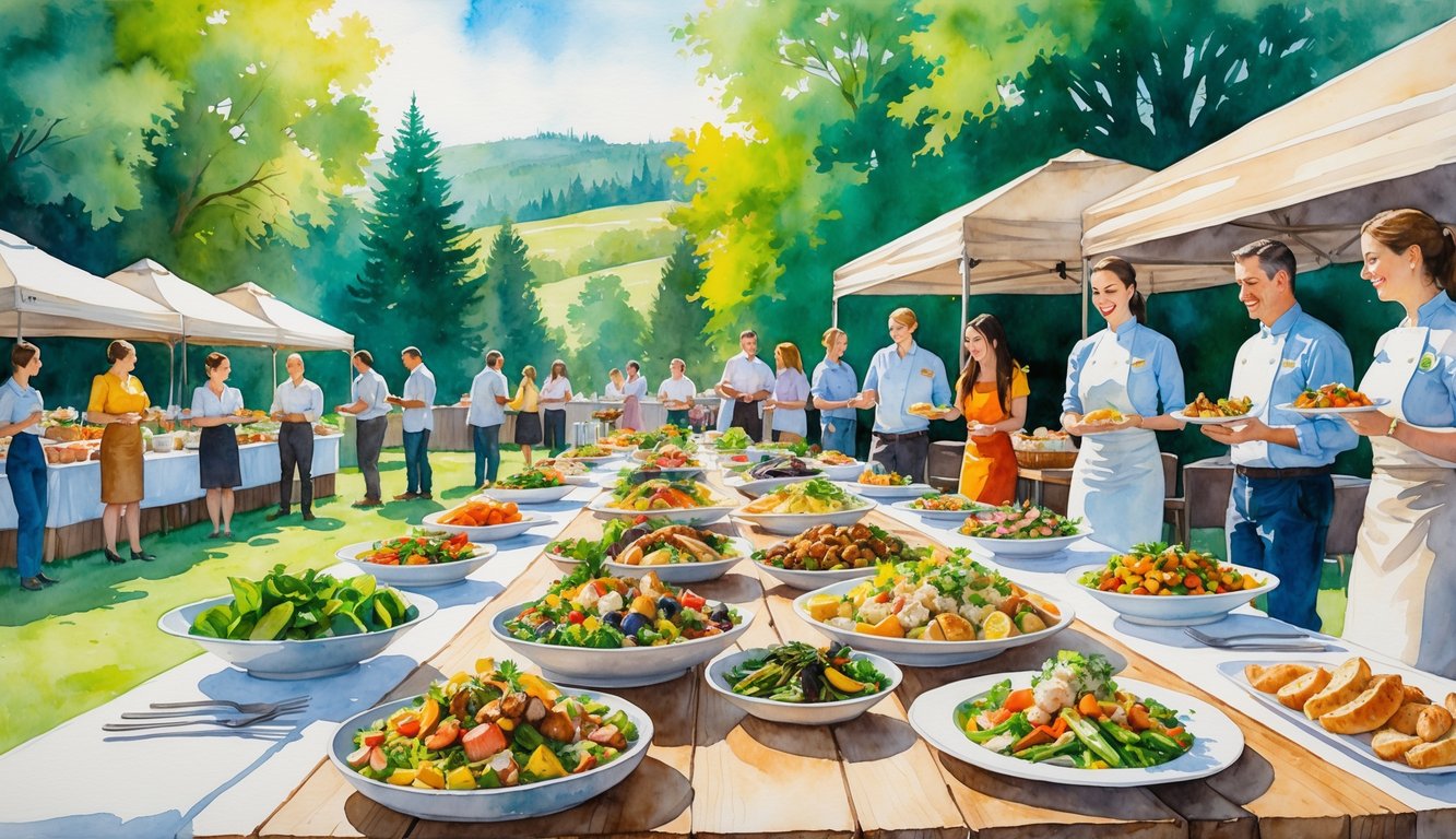 People enjoying a catered outdoor meal around a long table with various dishes, surrounded by trees and hills.