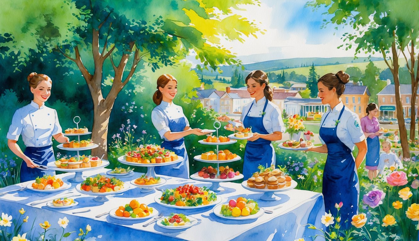 An outdoor garden scene with a catering table full of food, servers handing out dishes, and people enjoying a gathering with trees and hills in the background.