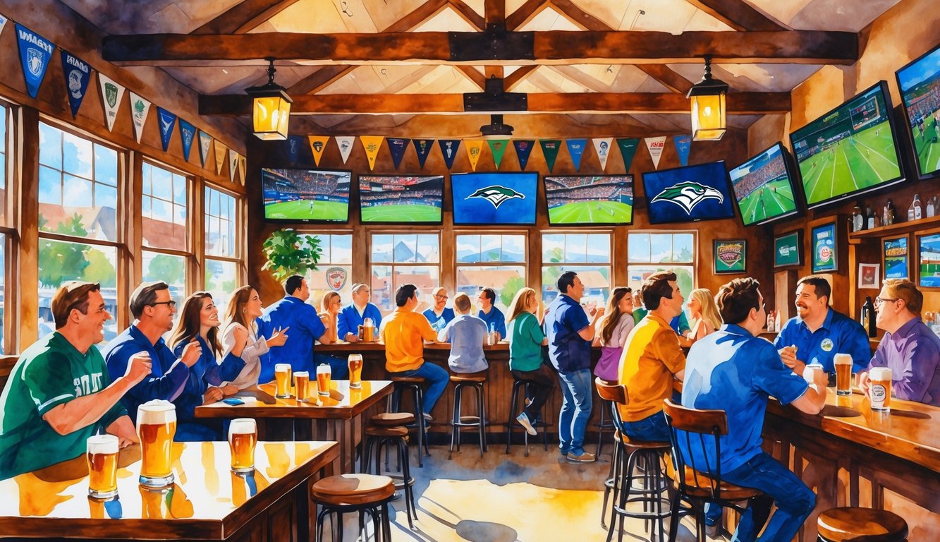 A lively sports bar interior with people watching games on multiple TVs, sitting at tables and the bar, surrounded by sports decorations.