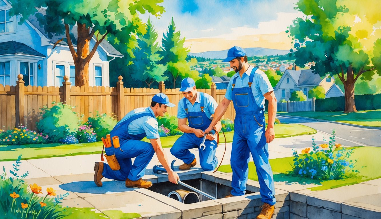 Two plumbers working together outside a house in a neighborhood with trees and hills in the background.