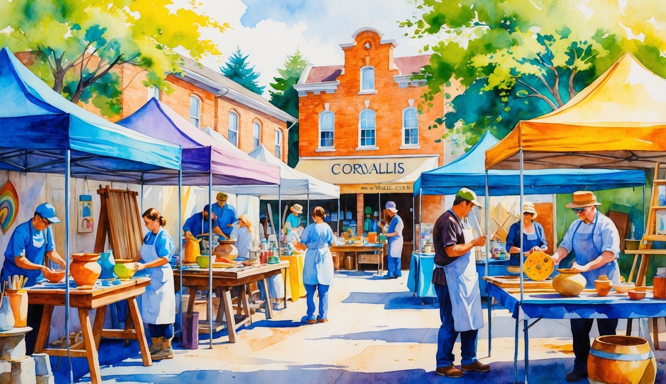 A group of artisans working on crafts outdoors in a market setting with buildings and trees in the background.