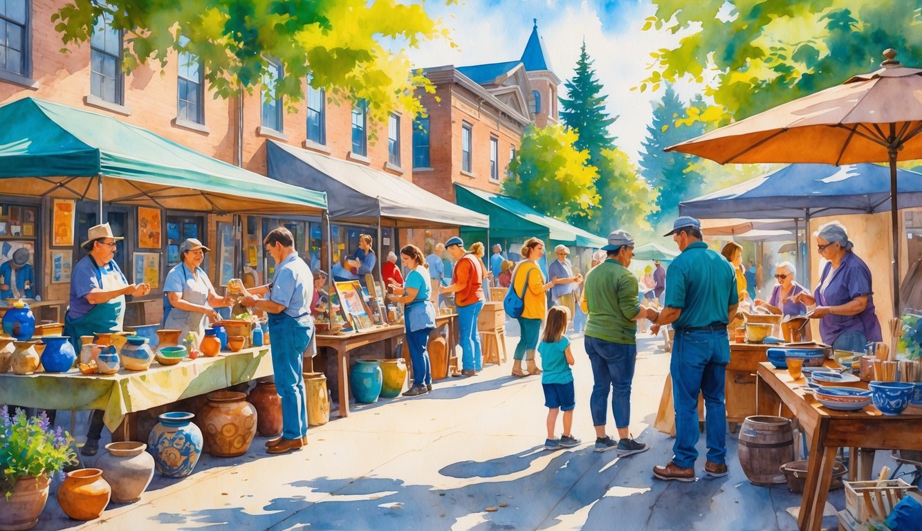 A lively outdoor market in a town square where artisans display pottery, textiles, wood carvings, and paintings while community members interact and enjoy the scene.