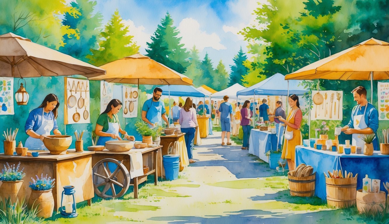 An outdoor market in Corvallis with artisans making and selling handmade eco-friendly crafts surrounded by trees and people.