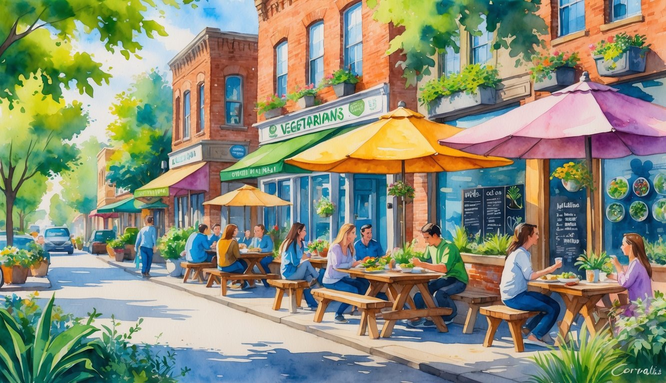 A street scene in Corvallis with vegetarian restaurants featuring outdoor seating, people dining, plants, and brick buildings.