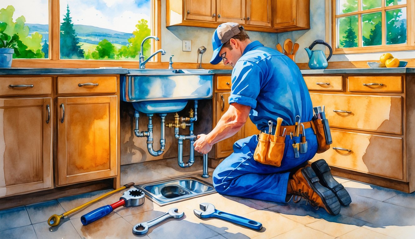 A plumber fixing a pipe under a kitchen sink with tools nearby and a window showing trees and hills outside.
