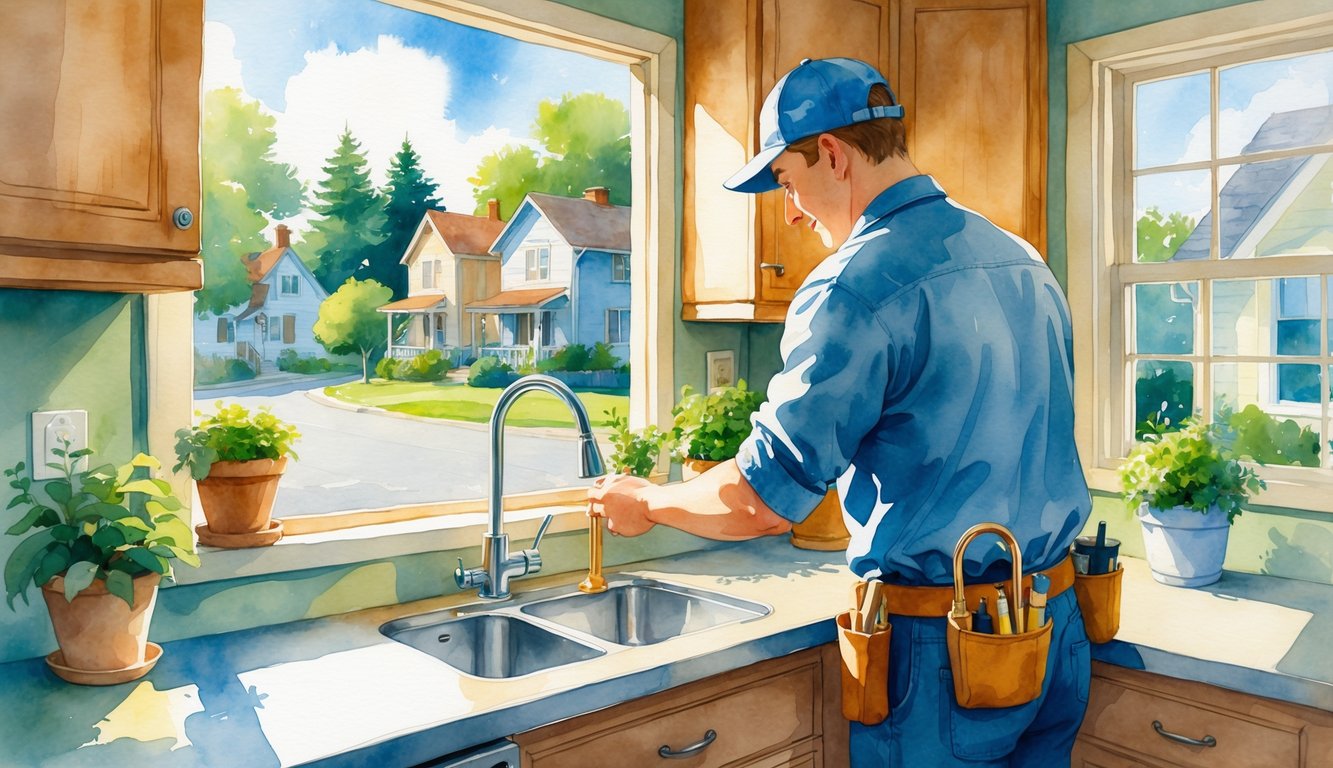 A plumber fixing a pipe under a kitchen sink in a cozy home with a window showing a peaceful neighborhood outside.