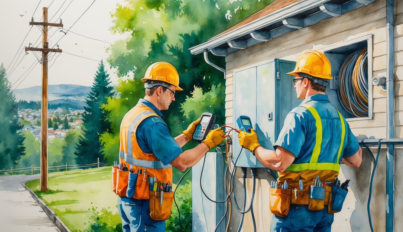 Two electricians working on electrical wiring outside a house in a green, hilly area with a cityscape in the background.