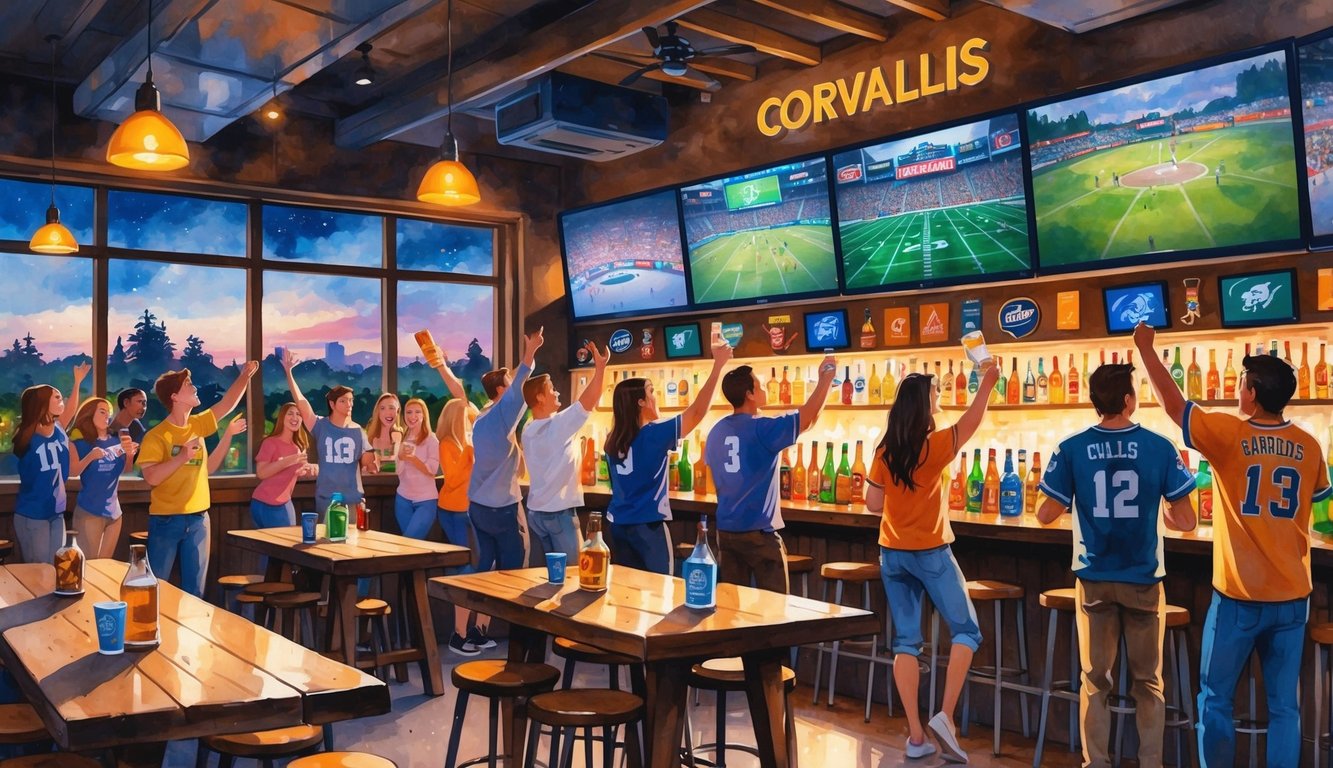 A lively sports bar with people watching games on large screens, cheering, and enjoying drinks at wooden tables and a bar inside a cozy setting.