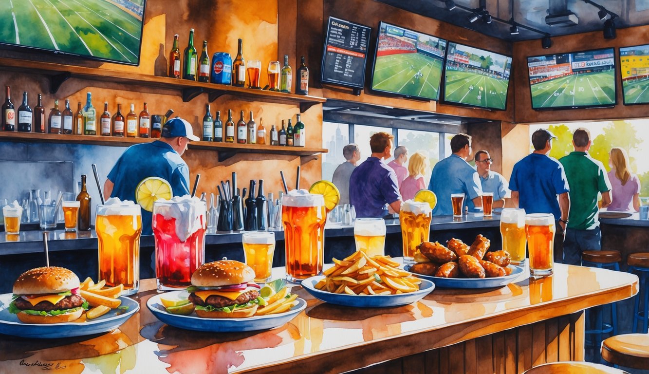 A lively sports bar interior with people watching games, a bar counter displaying beers, cocktails, and plates of burgers, nachos, chicken wings, and fries.