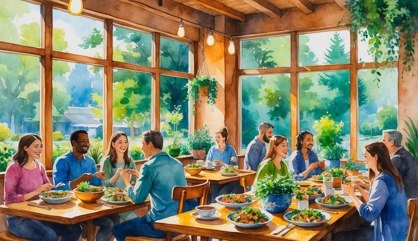 A cozy vegetarian restaurant with people enjoying plant-based meals at wooden tables surrounded by plants and large windows showing greenery outside.