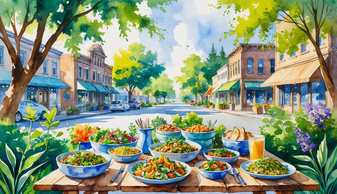 A cozy outdoor restaurant table with various vegetarian dishes surrounded by green plants and a small-town street in the background.