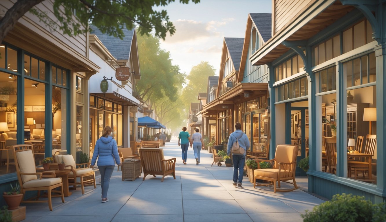 A street with furniture stores in Corvallis, showing wooden furniture in shop windows and people walking along the sidewalk.