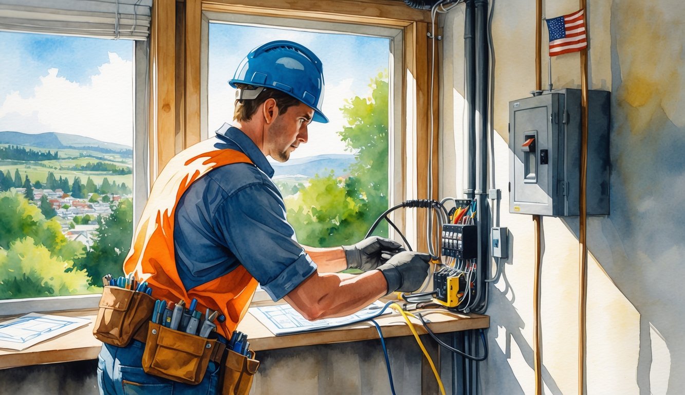 An electrician working on wiring inside a home with tools and a circuit breaker panel, with a view of a city and hills in the background.