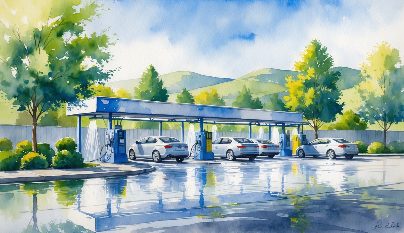 A car wash facility in Corvallis with cars being cleaned, surrounded by green trees and hills under a clear sky.