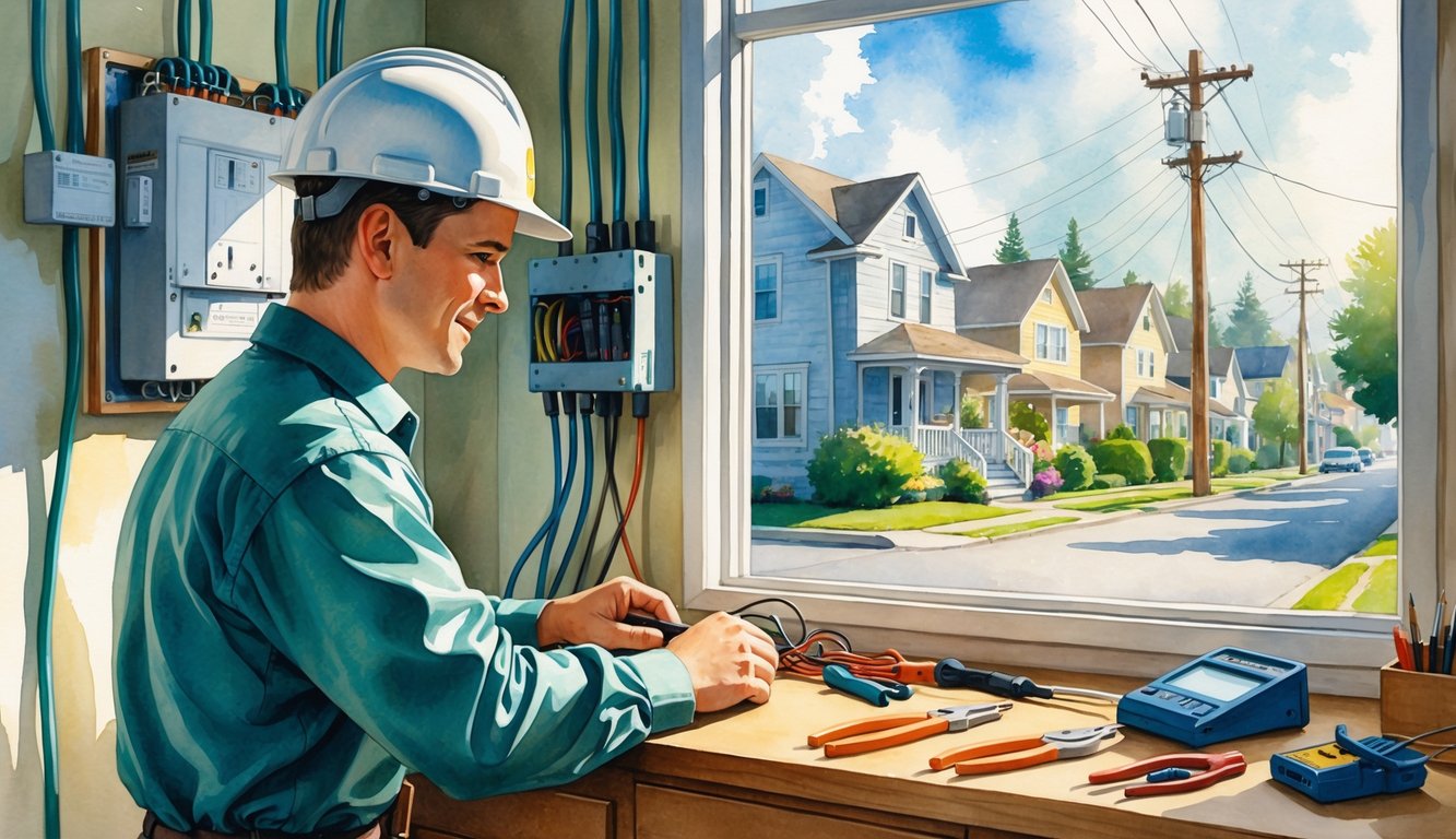 An electrician working on an electrical panel inside a home with tools on a workbench and houses visible outside the window.