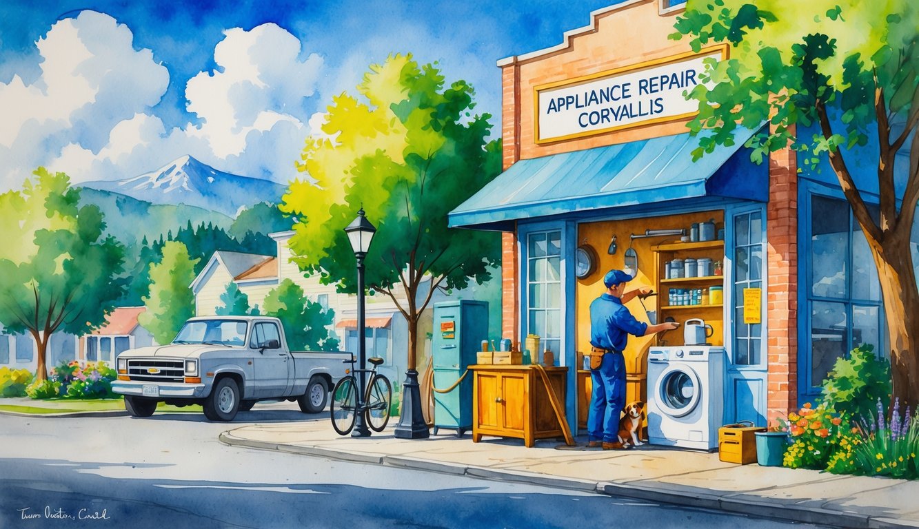 A small appliance repair shop on a tree-lined street with a technician fixing a washing machine outside, a bicycle nearby, and mountains in the background.