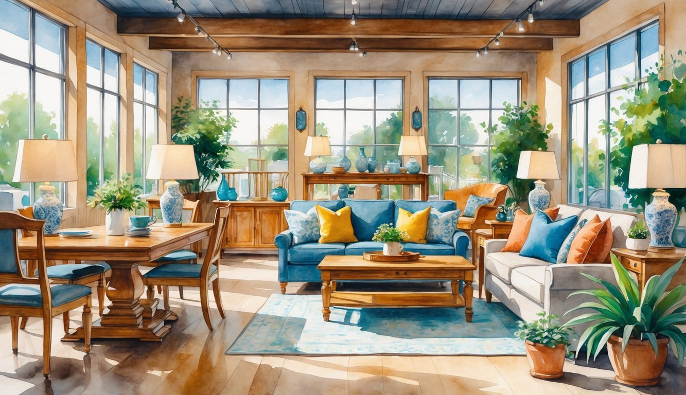 Interior of a furniture store with tables, sofas, chairs, lamps, and plants arranged in a bright and welcoming space.