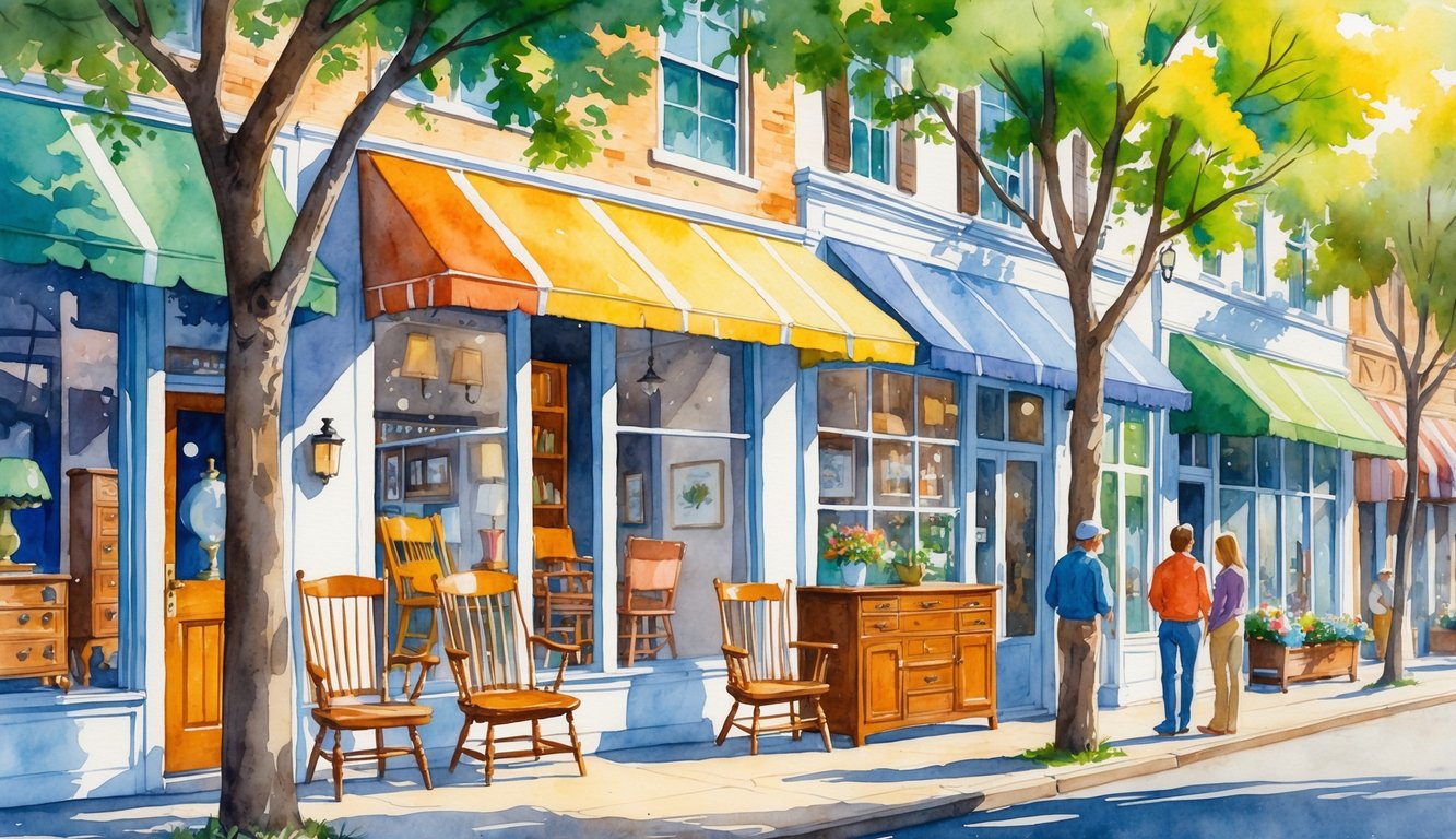 A street with several furniture stores, trees along the sidewalk, and people browsing outside.