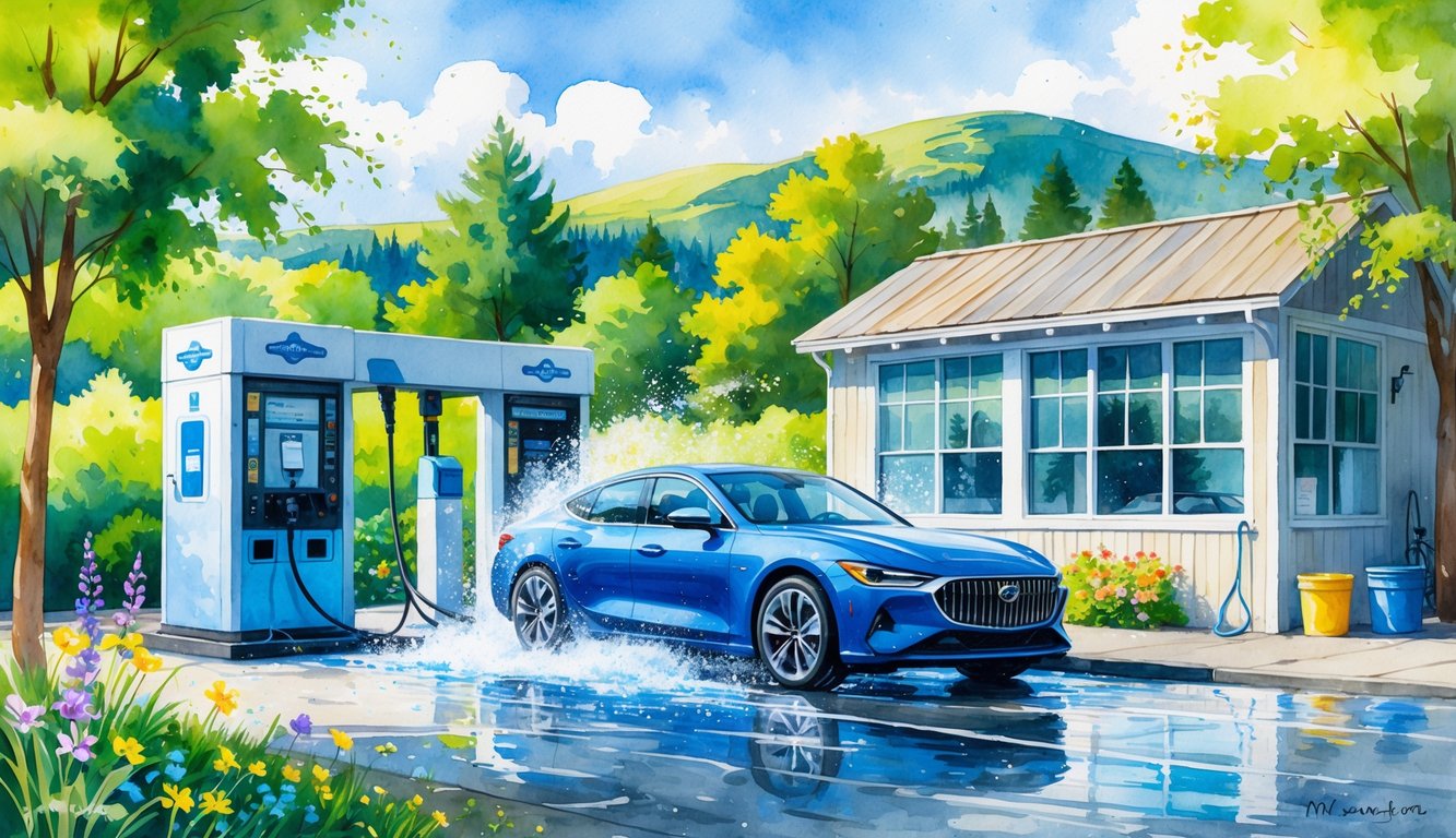 A car being washed at a car wash station surrounded by trees and hills on a sunny day.