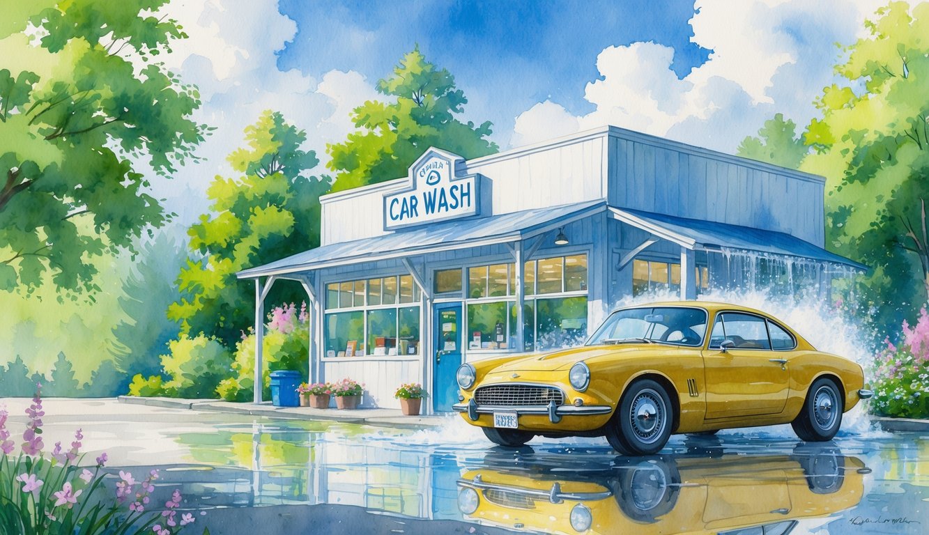 A shiny car parked outside a small car wash building surrounded by green trees and flowers under a blue sky.