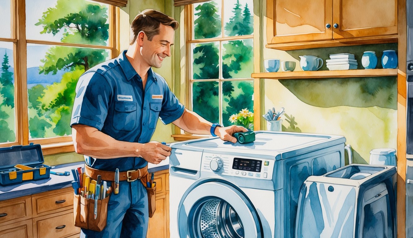 A technician repairing a washing machine inside a cozy home with a window showing green trees outside.