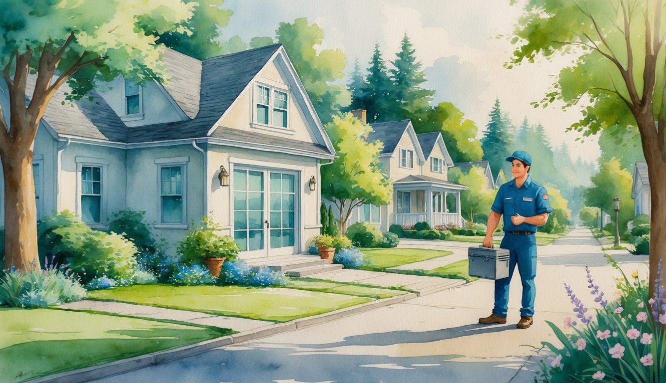 A repair technician inspecting a refrigerator outside a house in a peaceful neighborhood with trees and flowers.