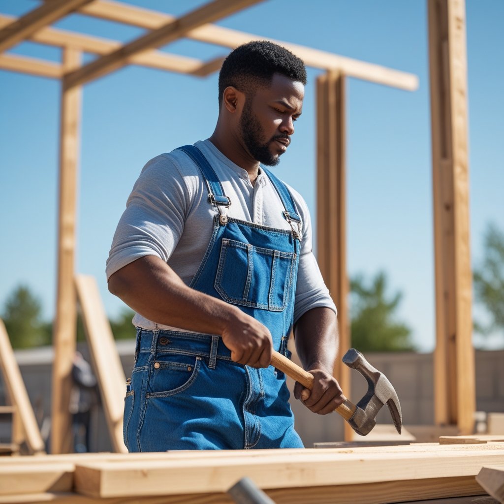 A person wearing blue overalls working outdoors with tools at a construction site.