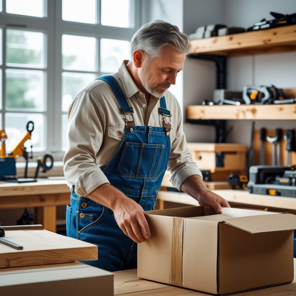 A man wearing denim overalls unpacks a box in a bright workshop filled with tools and wooden workbenches.