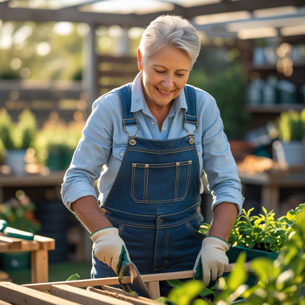 A mature person wearing overalls working outdoors in a garden or workshop, focused on their task.