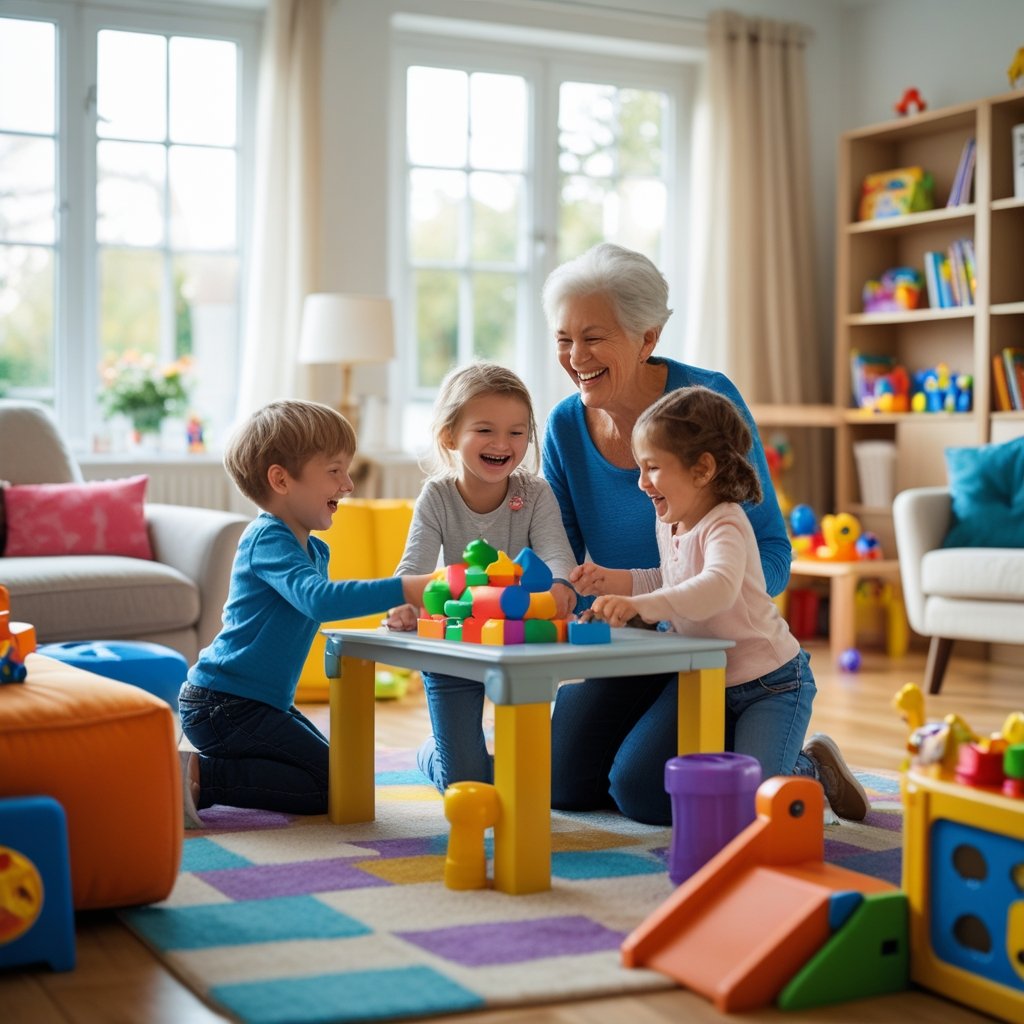 An elderly person happily playing with grandchildren in a bright and cozy living room filled with toys.