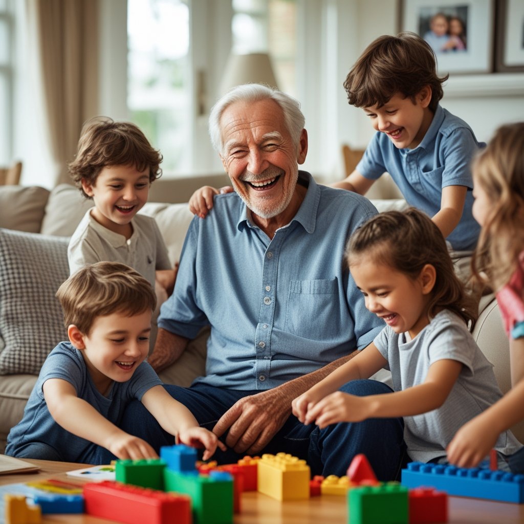 An elderly man sitting in a living room surrounded by smiling young grandchildren playing and laughing together.