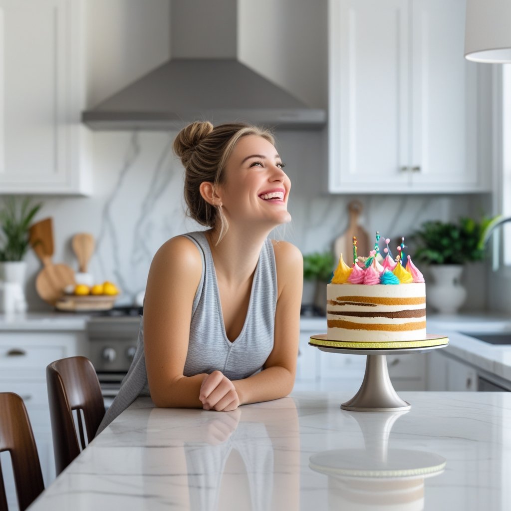 A young woman sitting at a kitchen table turning her neck to look at a decorated cake on the counter with a smile.