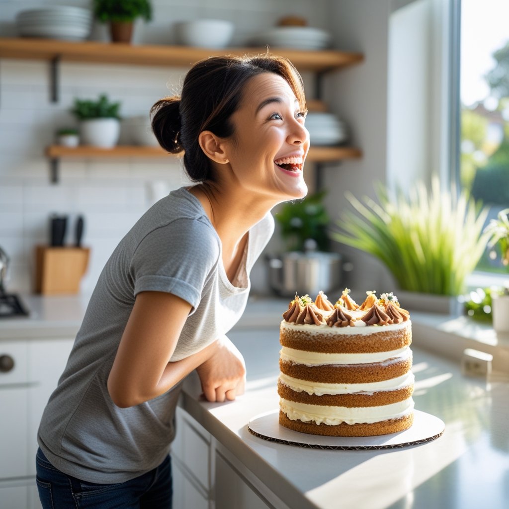 A person smiling and turning their neck to look at a decorated cake on a kitchen counter.