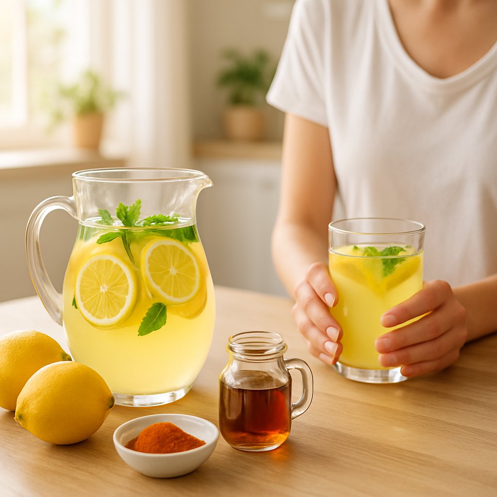 A glass pitcher with lemon water and fresh lemons on a wooden table in a sunlit kitchen, with hands holding a glass of the lemon drink.