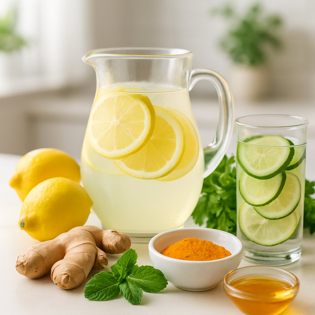 A kitchen countertop with fresh lemons, ginger, herbs, a pitcher of lemon detox drink, and a glass of infused water.