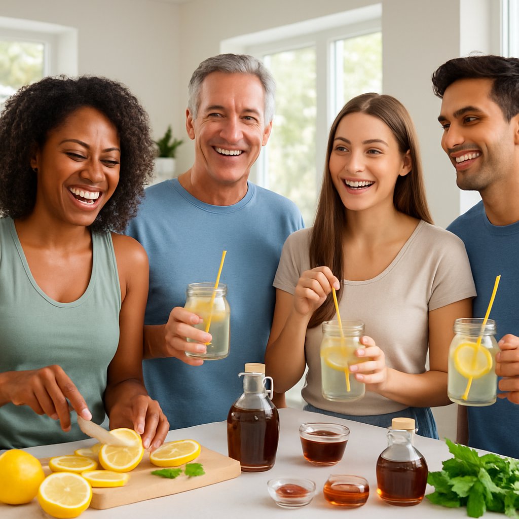 A group of healthy adults preparing and enjoying fresh lemon water with lemons and natural ingredients on a kitchen counter, smiling and looking vibrant.