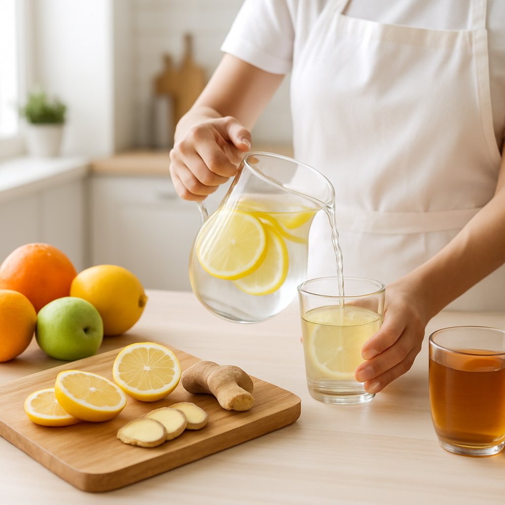 A kitchen scene with fresh lemons, ginger, fruit, and a person pouring lemon water into a glass.