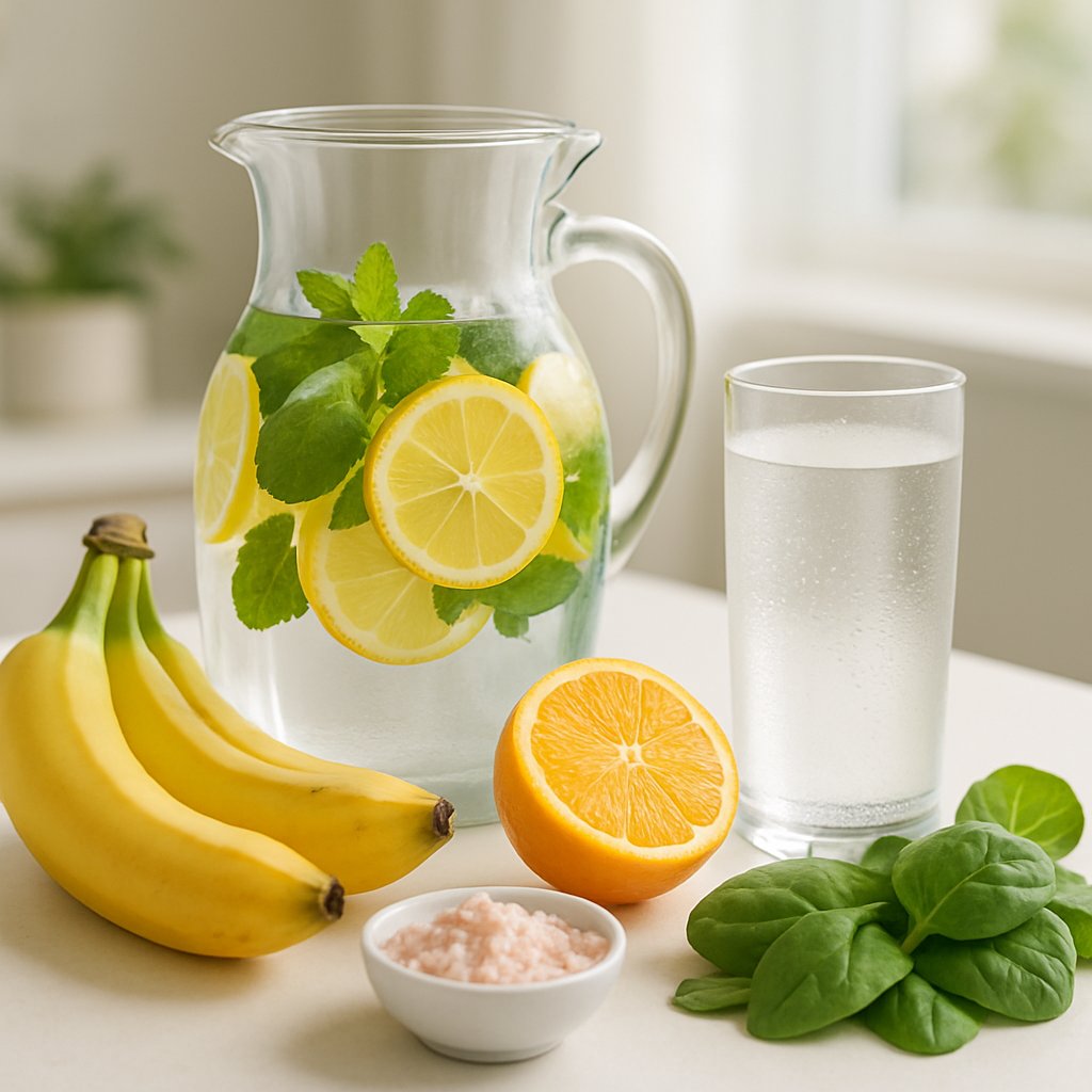 A glass pitcher and glass of lemon-infused water on a table surrounded by bananas, oranges, spinach leaves, and pink salt in a bright kitchen setting.