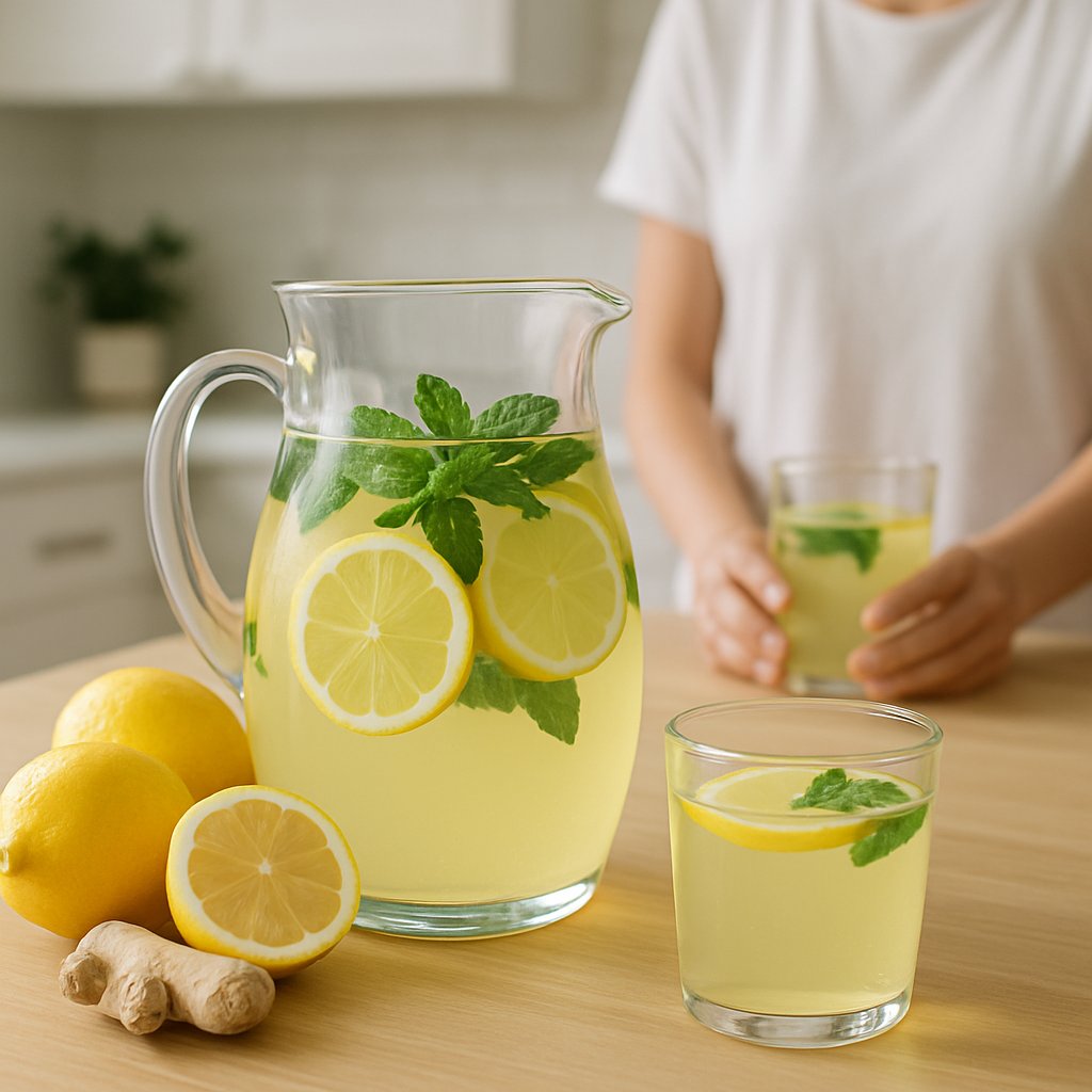 A glass pitcher and glass of lemon-infused detox drink on a wooden countertop with fresh lemons and ginger nearby.
