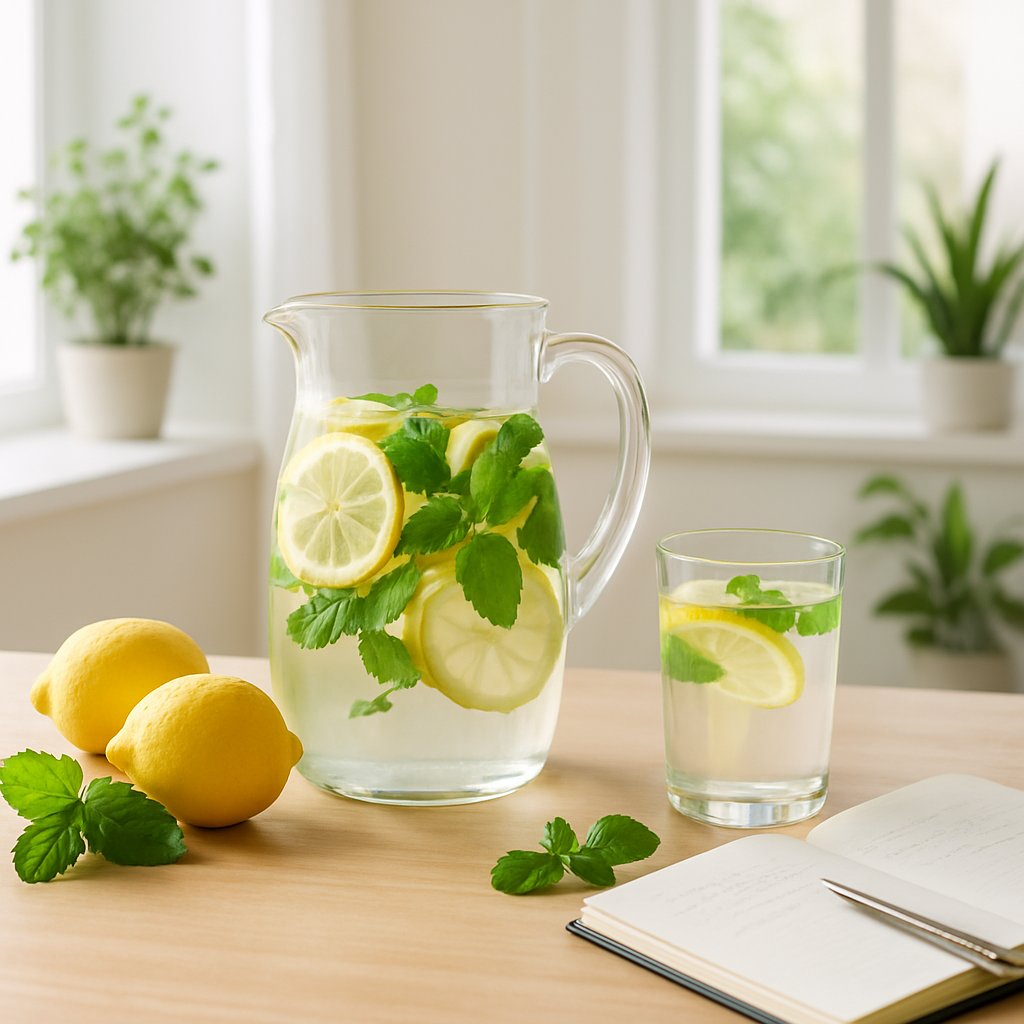 A bright kitchen table with a glass pitcher of lemon and herb infused water, fresh lemons, mint leaves, and an open notebook with a pen, surrounded by green plants.
