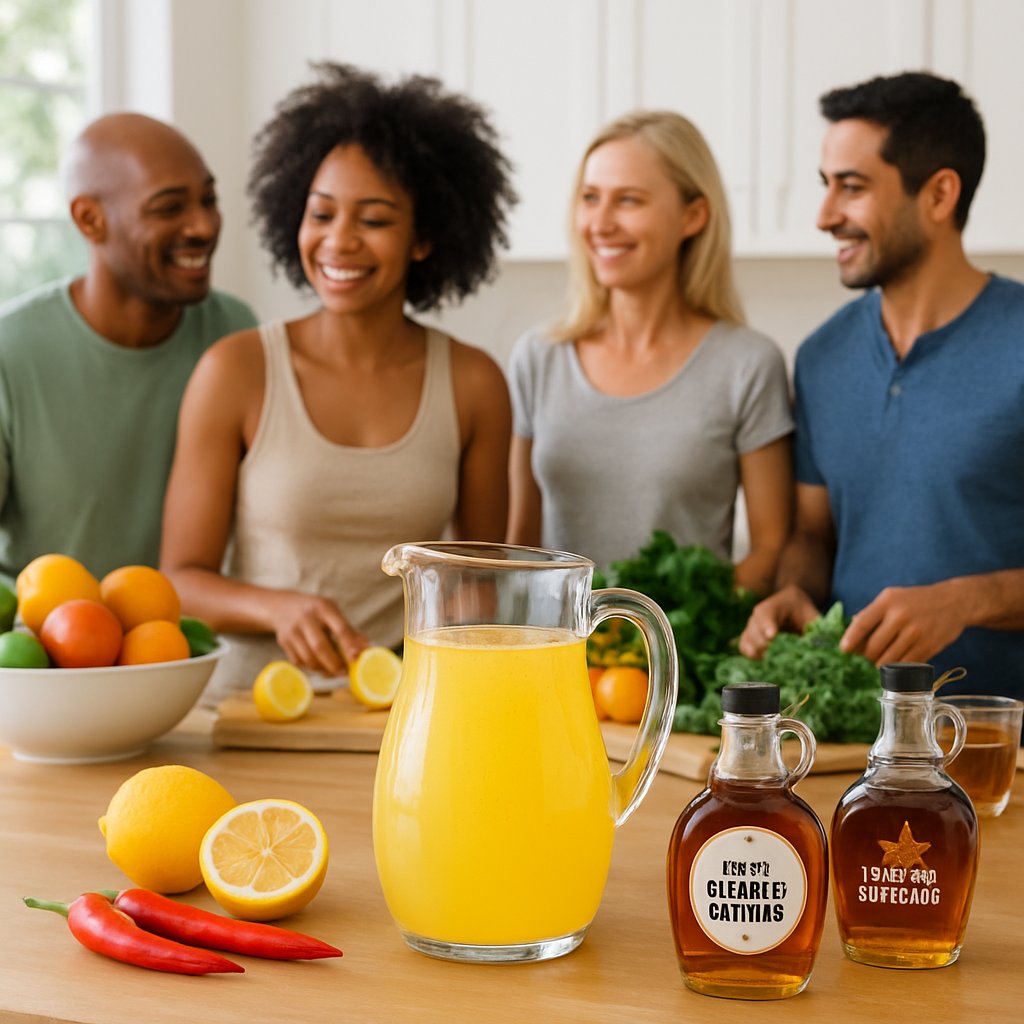 People preparing fresh ingredients and a lemon detox drink in a bright kitchen, promoting healthy living.