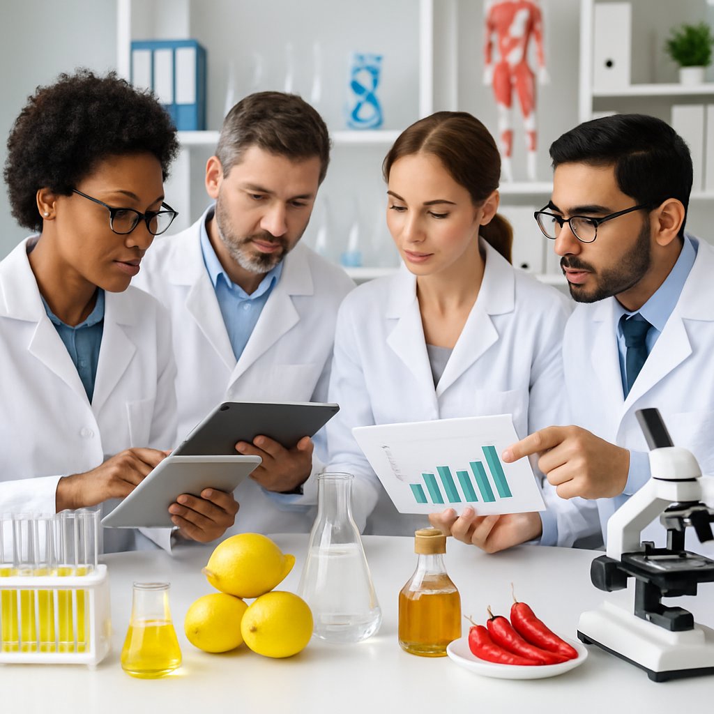 Scientists and nutritionists discussing health research in a modern laboratory with natural ingredients displayed on a table.