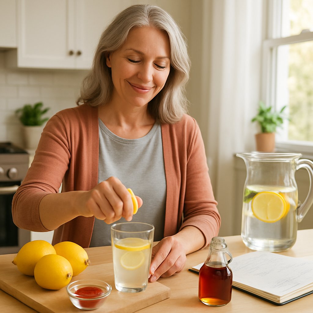 A woman preparing a healthy detox drink in a bright kitchen with fresh lemons and spices on the counter.