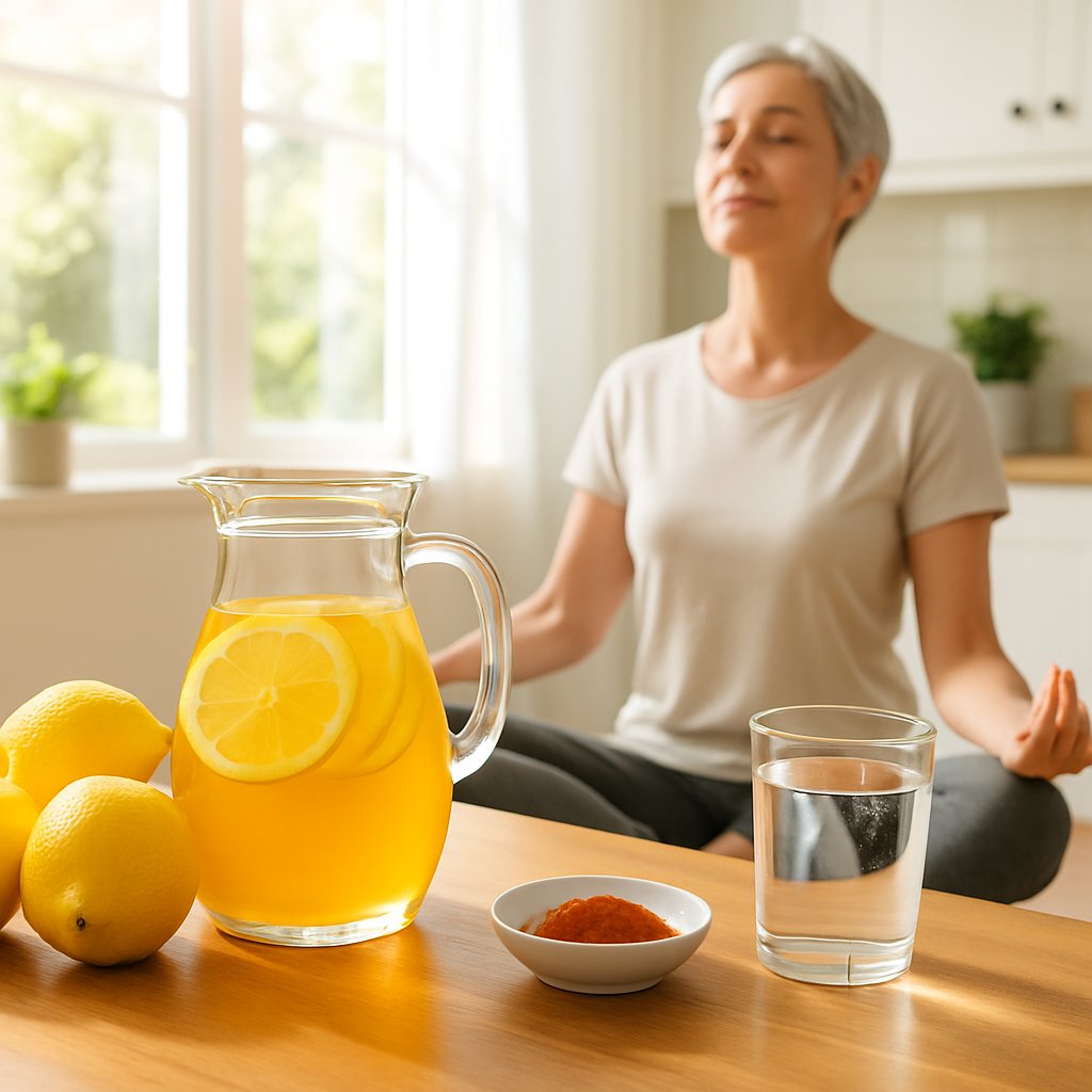 A person meditating peacefully in a bright kitchen with a glass pitcher of lemon cleanse drink and fresh lemons on the countertop.